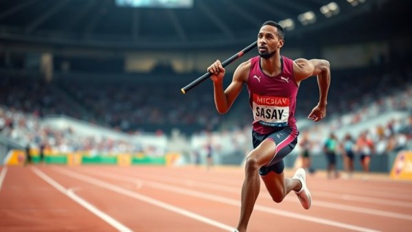Quincy Wilson triumphantly holding baton at Penn Relays.