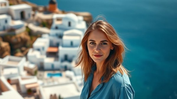 Greece Golden Visa: Woman and scenic Greek seaside view.