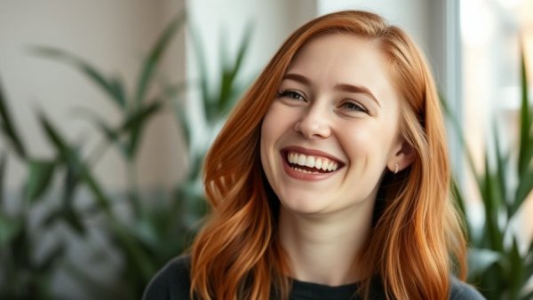 Smiling woman discussing a topic, indoor setting with plants.