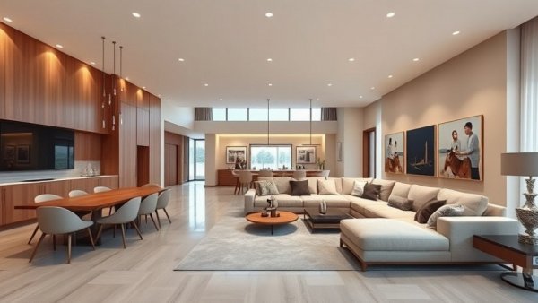 Luxury open plan living room design with beige sectional and modern decor.
