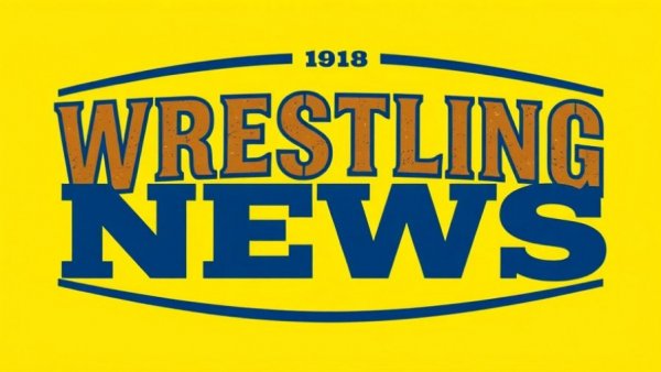 Bold vintage wrestling news logo with bright yellow background