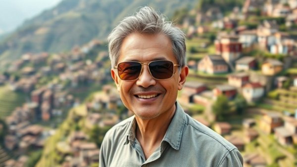 Raising a Family in China: Scenic village and man in vibrant sunglasses.