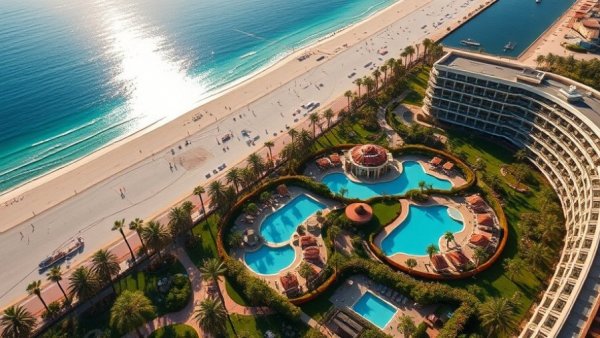 Gorgeous aerial view of a luxury resort in Qatar highlighting summer beauty.