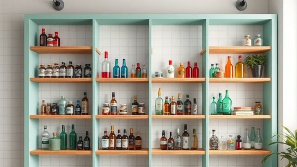 Eclectic collection in Scandinavian design on minimalist shelves.