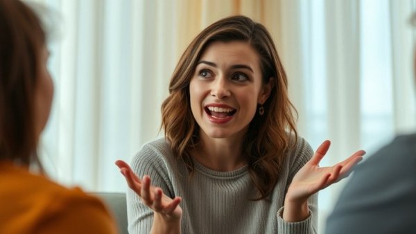 Enthusiastic woman discussing experiences, soft indoor setting.