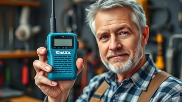 Best affordable job site radio held by a mature man in a workshop.