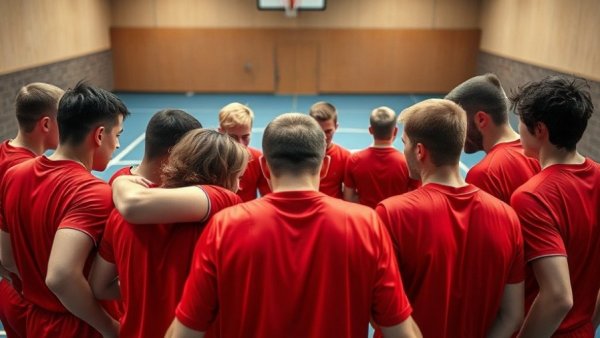 2026 4th Bundesliga men’s team huddling, red jerseys, indoor hall.