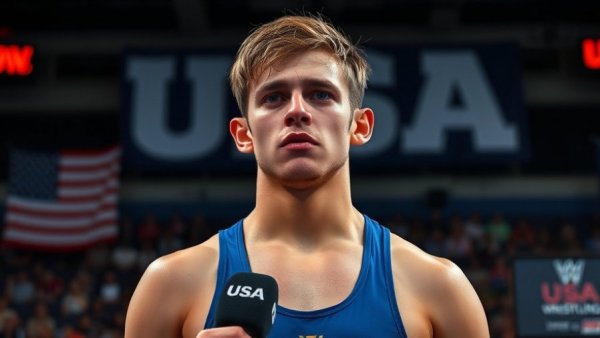 U20 men's freestyle champion, tired wrestler post-match at USA Wrestling backdrop.