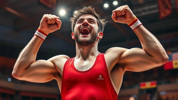 Ibragim Kadiev Gold Medal Victory celebration, wrestler in red singlet.