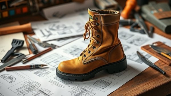 Sturdy construction boot emphasizing durability in a workshop setting.