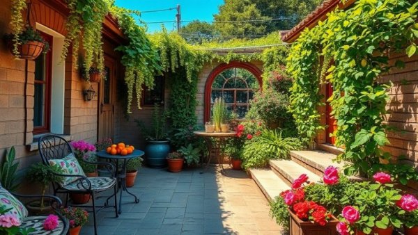 Cozy patio garden with smart landscaping to stop weeds.