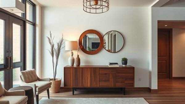 Beautiful entryway decor ideas with sleek wooden console and unique mirrors.
