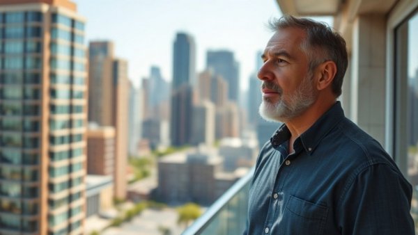 Middle-aged man reflecting on retirement experience after 65, city view.