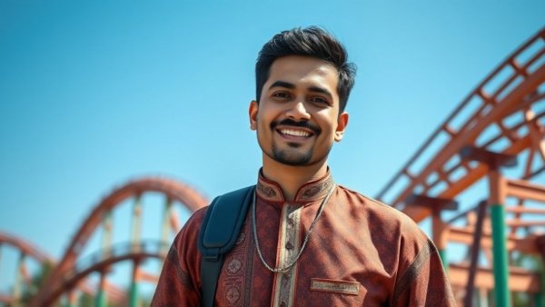 Man in traditional attire in front of a roller coaster, how Qatar used to be.