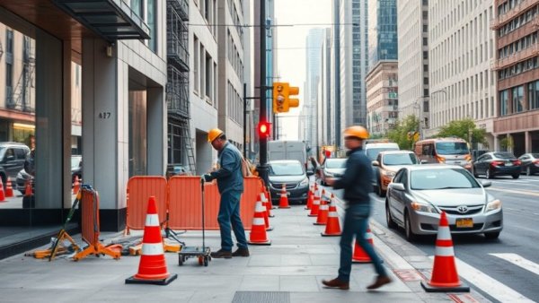 Construction workers on an urban sidewalk with AI training context