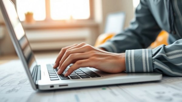 Planner typing on laptop with blueprints illustrating volatility in construction cost estimates.