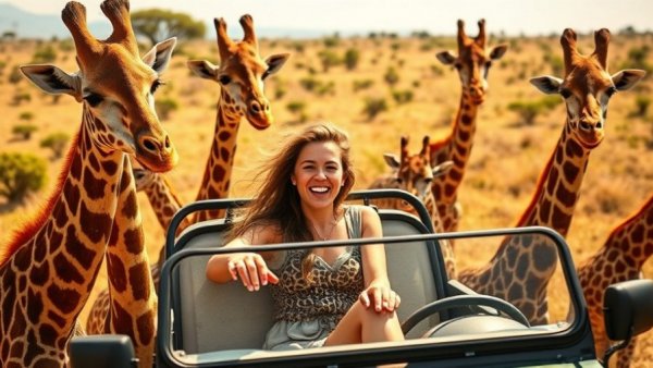 Young woman on zebra jeep with giraffes at Safari Park in Kanchanaburi