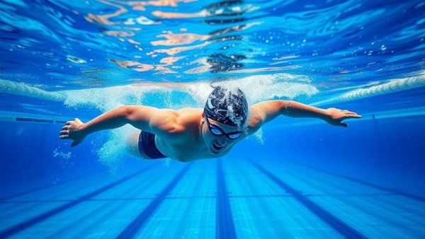 Underwater swimmer demonstrating shoulder blade mobility in pool.