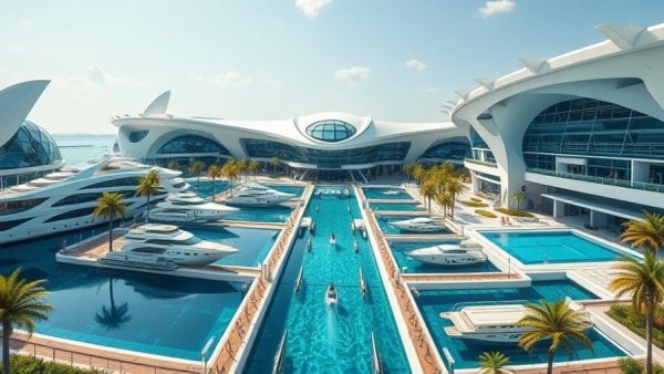 Futuristic design of International Swimming Hall of Fame on a waterfront.