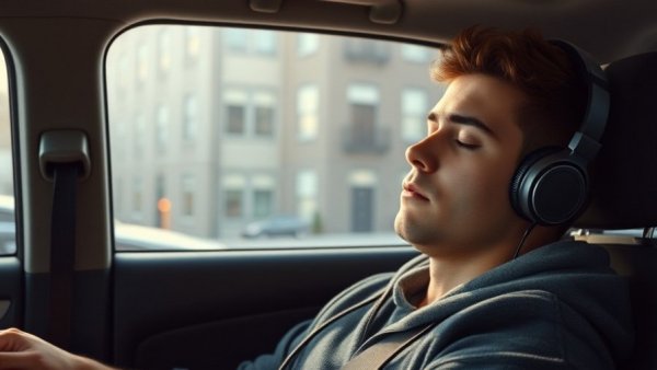 Young man in a car seat enjoying Hala Summer, wearing headphones, relaxed.