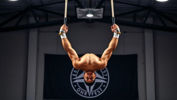 Gymnast performing on rings at EVO Gymnastics, showcasing strength.