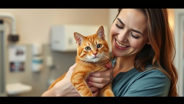 Helping Qatar's strays: Woman holding a cat with a cone in a clinic.