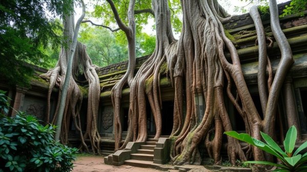 Ta Prohm Temple Cambodia with tree roots enveloping ancient ruins.