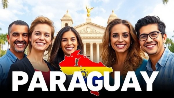 Promotional graphic for relocating to Paraguay with smiling people and building.