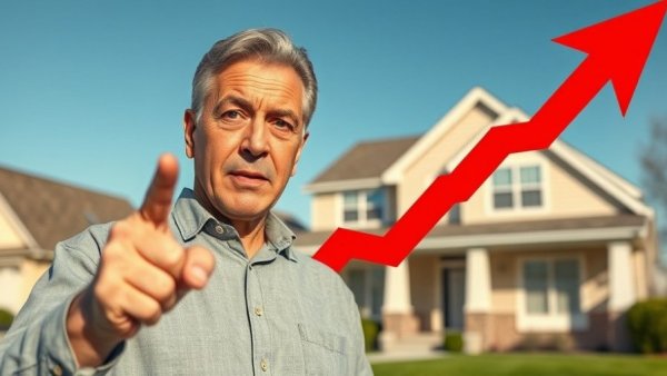 Concerned man points at rising mortgage rates in front of house.