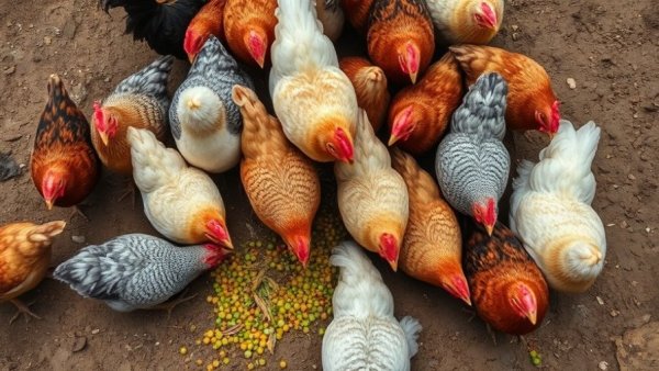 Chickens pecking food outdoors, natural setting, earthy background.
