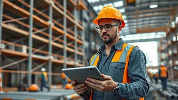 AI in construction industry: manager uses tablet at site.