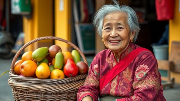 Elderly woman selling fruits in Vietnam, a glimpse of local culture.