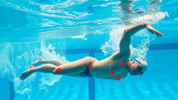 Underwater swimmer with over-rotation, red marks indicating misalignment.