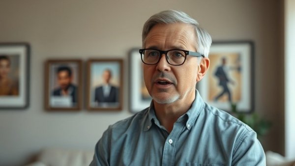 Focused middle-aged man discussing opportunities for expats, well-lit indoor background.