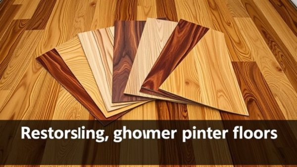 Wood samples illustrating restoring heart pine floors with overlay text.