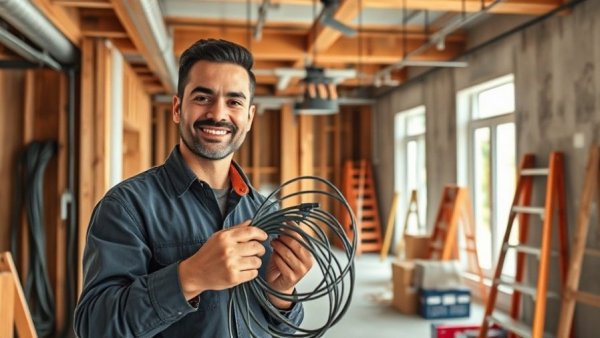 Smart home technology installation in progress with technician holding cables.