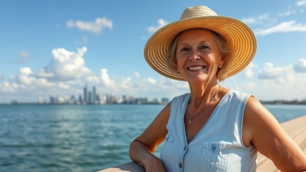 Older woman smiling in Panama City with skyline in the background, perfect for retire in Panama keyword.