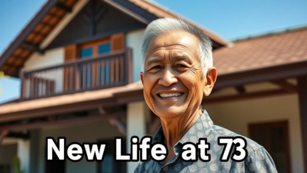 Older man with 'New Life at 73' in front of Thai house, Retiring in Thailand