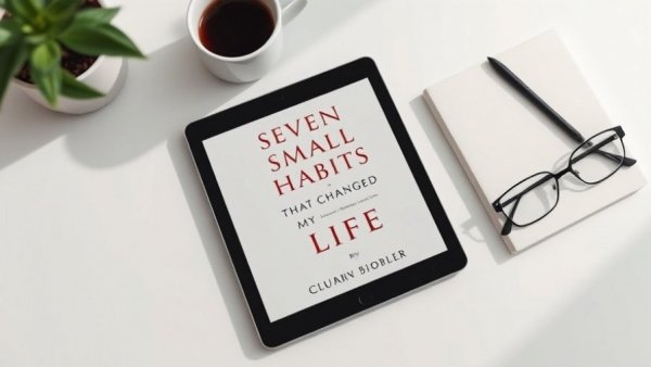 Ebook on habits with coffee and glasses, minimalistic cover.