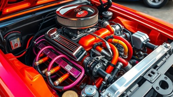 Modified car engine with vibrant components and detailed parts.