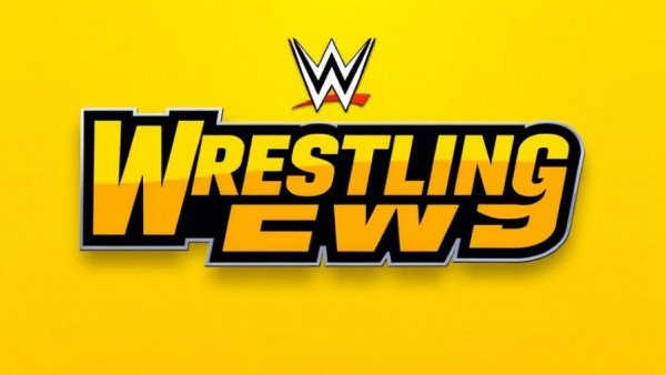 Bold wrestling news logo on a yellow background with dynamic text.