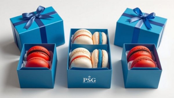 PSG Pierre Hermé Qatar collaboration macarons in blue boxes.