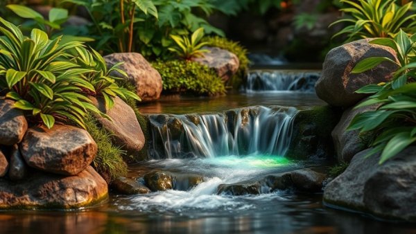Serene garden waterfall with rocks and greenery, creating natural-looking waterfalls.