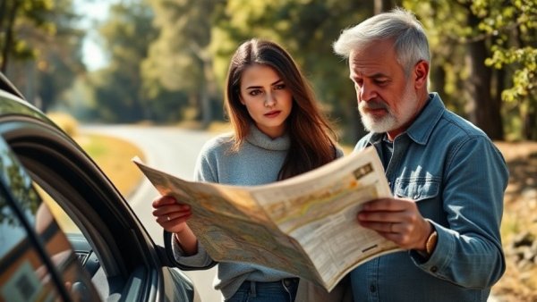 Couple checking map by car, considering car insurance exclusions in India.
