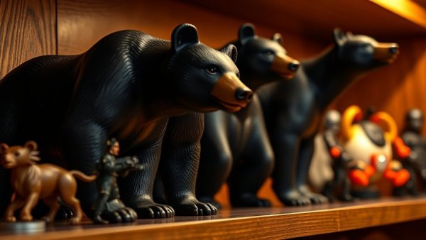 Futuristic black bear figurines displayed on shelf in warm lighting, Breathing House Home Design.