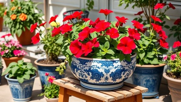Small space garden with colorful planters and red geraniums.