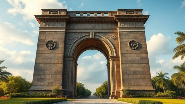 Crescent Park Doha stone archway with lush greenery and clouds.