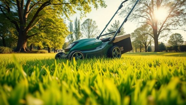 Electric lawn mower on lush green grass under bright daylight