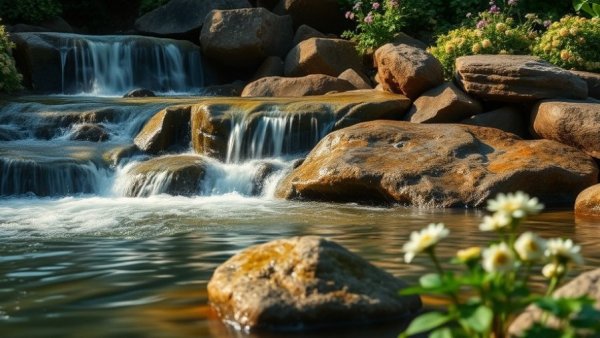 Natural-looking waterfalls in a tranquil garden setting.
