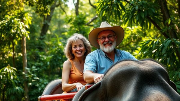 Retiring in Thailand, couple riding elephant joyfully in lush forest.